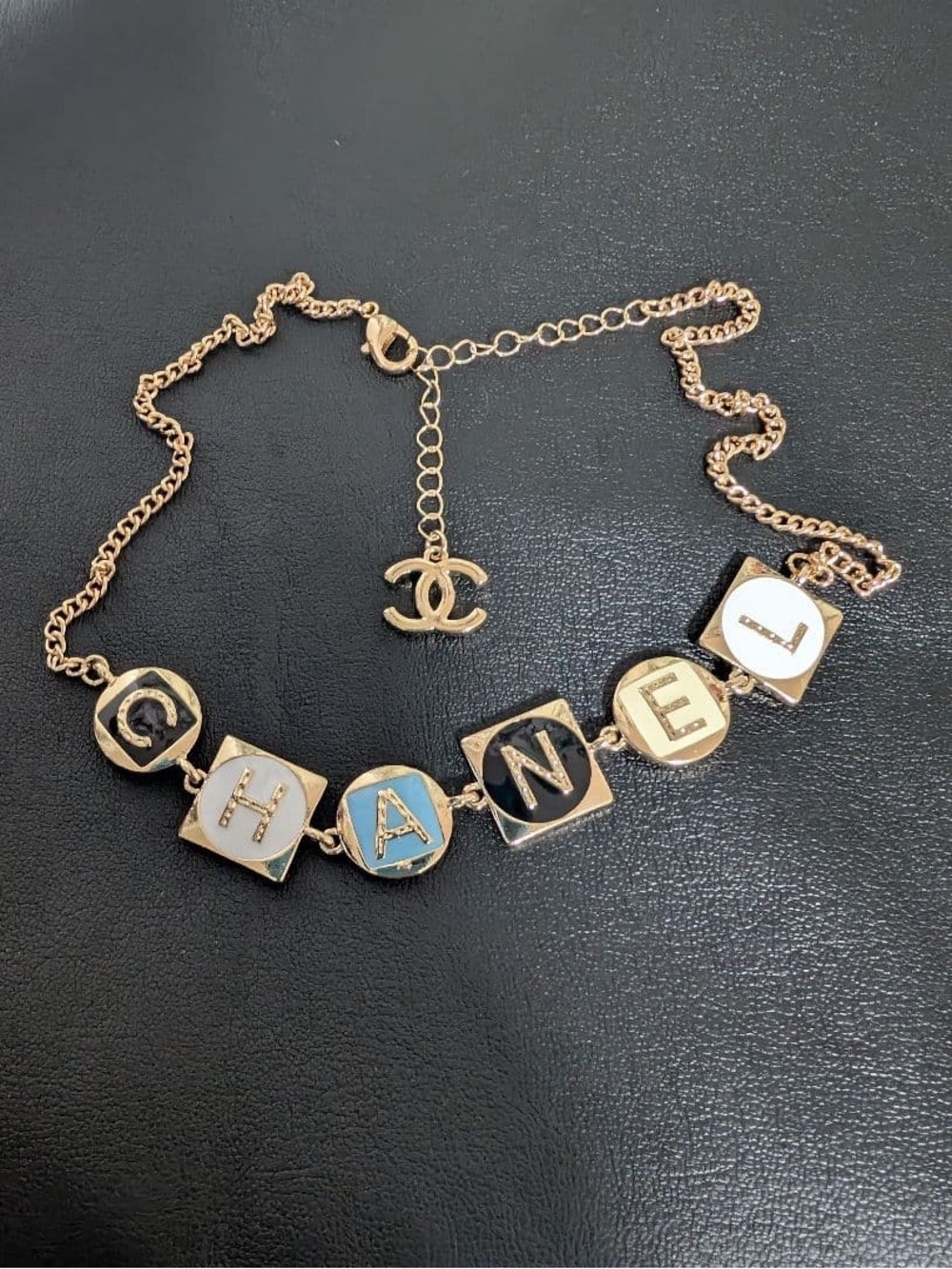 CHANEL Letter Necklace with White, Black, Blue Accents